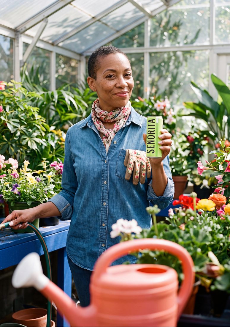 A woman in a greenhouse holding a Se&ntilde;orita Lime Jalape&ntilde;o can